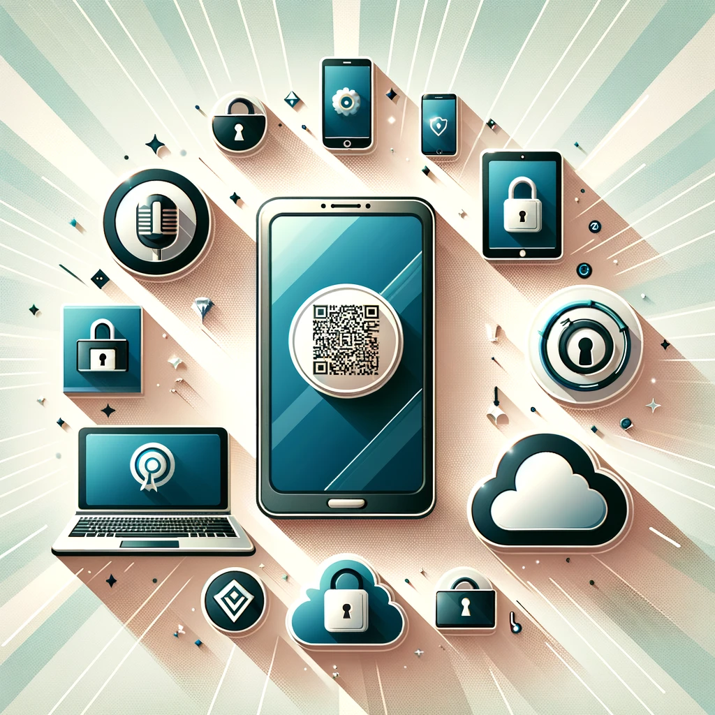 Illustration montrant un smartphone, un ordinateur portable et une tablette disposés en demi-cercle, entourés d'icônes représentant des fonctionnalités natives telles qu'un code QR, un microphone pour la dictée vocale, un cadenas pour les réglages de sécurité, un nuage pour le stockage et une note pour l'application de prise de notes. Des rayons de lumière partent des appareils vers les icônes, symbolisant la découverte de ces outils intégrés. Le fond est un dégradé doux, évoquant une sensation d'éveil et de simplicité.