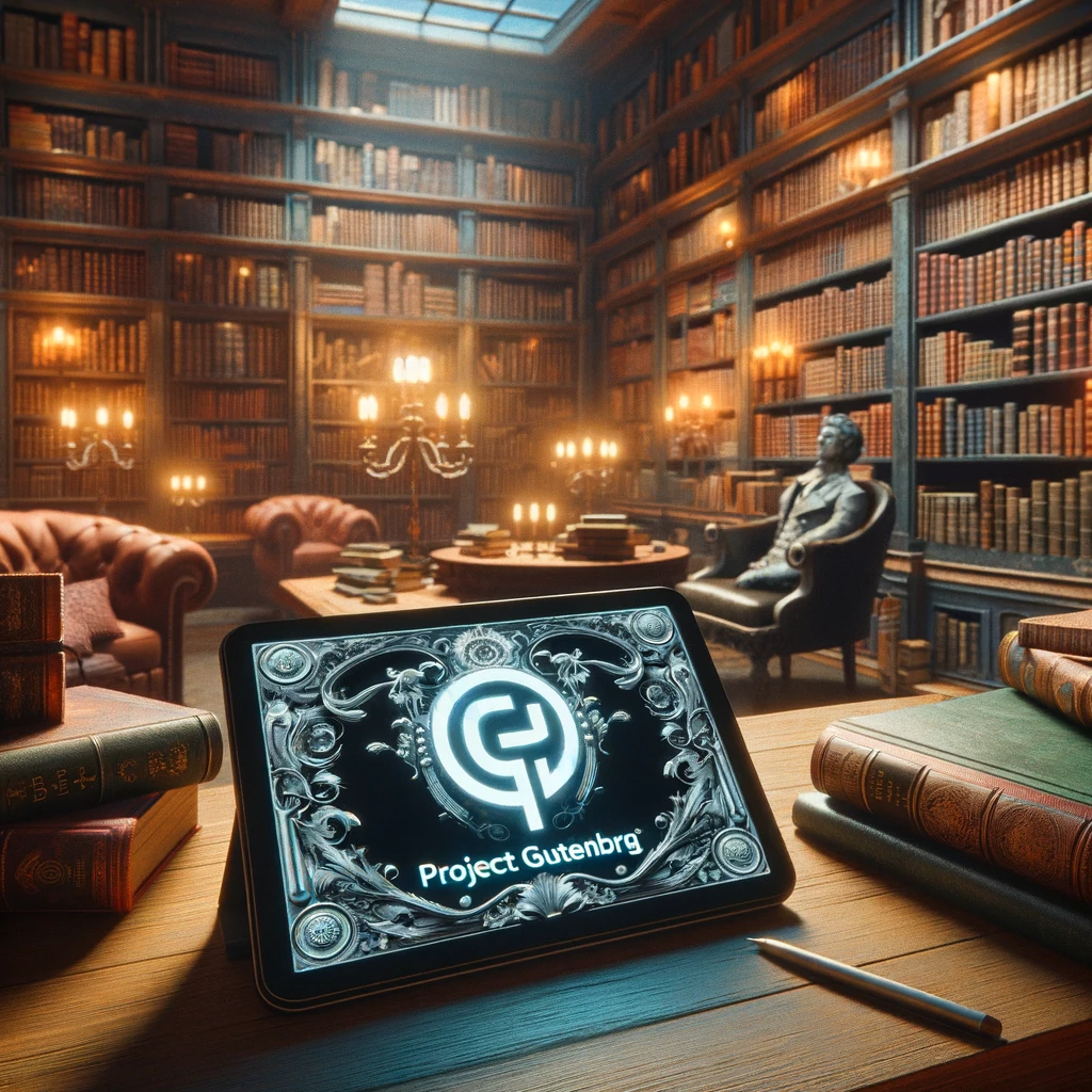 Une bibliothèque envoûtante aux étagères remplies de livres classiques, éclairée par la douce lueur de lustres anciens. Au premier plan, une tablette numérique affiche le logo du Project Gutenberg, symbolisant l'harmonie entre la sagesse ancestrale et l'accessibilité moderne. La pièce respire le calme et la connaissance, avec une statue pensante qui complète cette oasis de tranquillité.