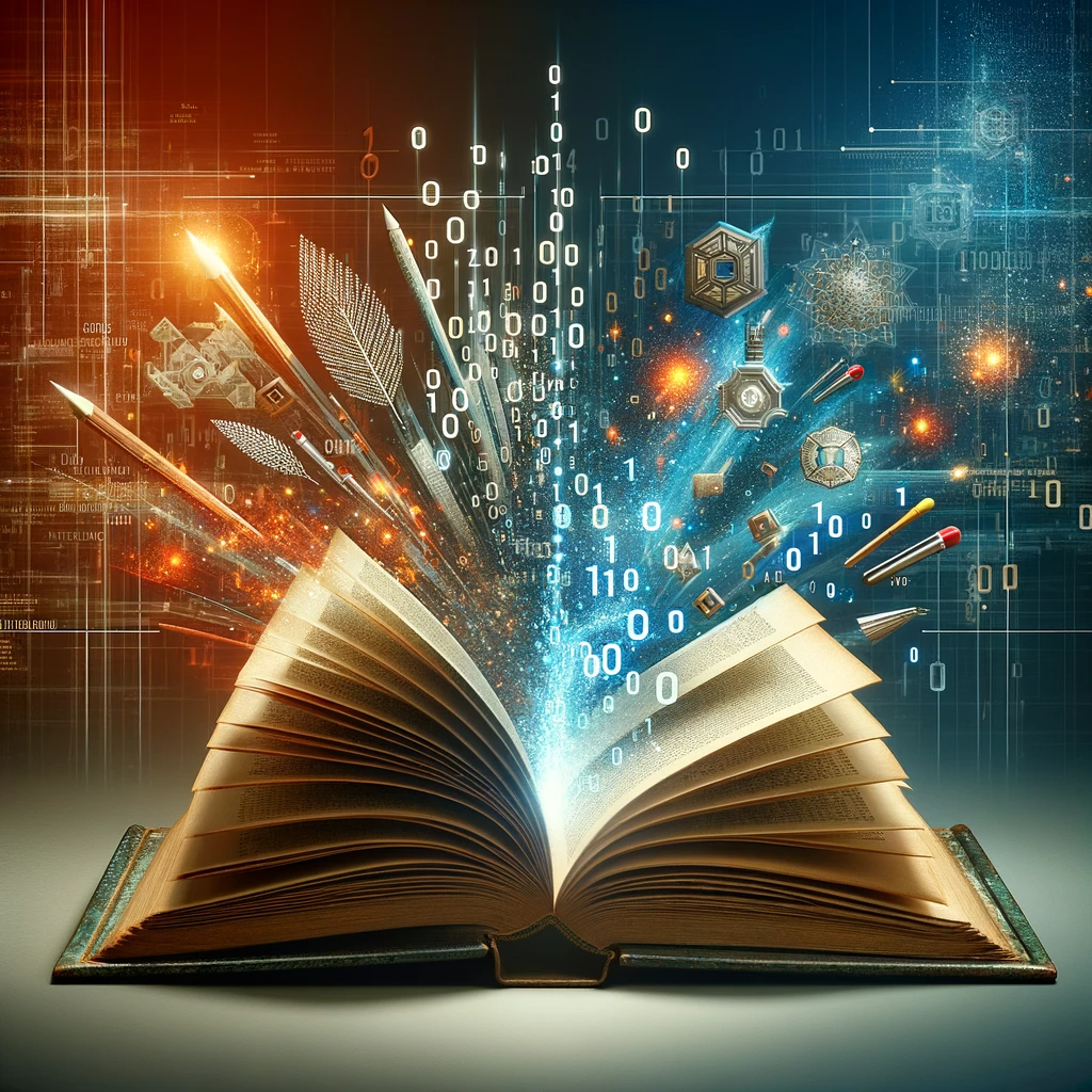 Une fusion artistique de littérature et de technologie où un livre ouvert irradie des éléments numériques tels que des chiffres binaires, des circuits imprimés et des icônes de la tech. Cette explosion de connaissances symbolise l'intersection entre la lecture traditionnelle et les avancées technologiques modernes.