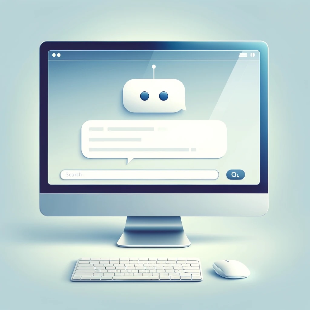 L'image illustre un écran d'ordinateur affichant une interface de chatbot. La fenêtre de chat est vide, sans aucun texte, sur un fond dégradé doux. Devant l'écran, on voit un clavier et une souris, le tout posé sur un bureau suggérant un environnement moderne et épuré. Le design de l'écran est léger et élégant, évoquant une technologie accessible et facile à utiliser.