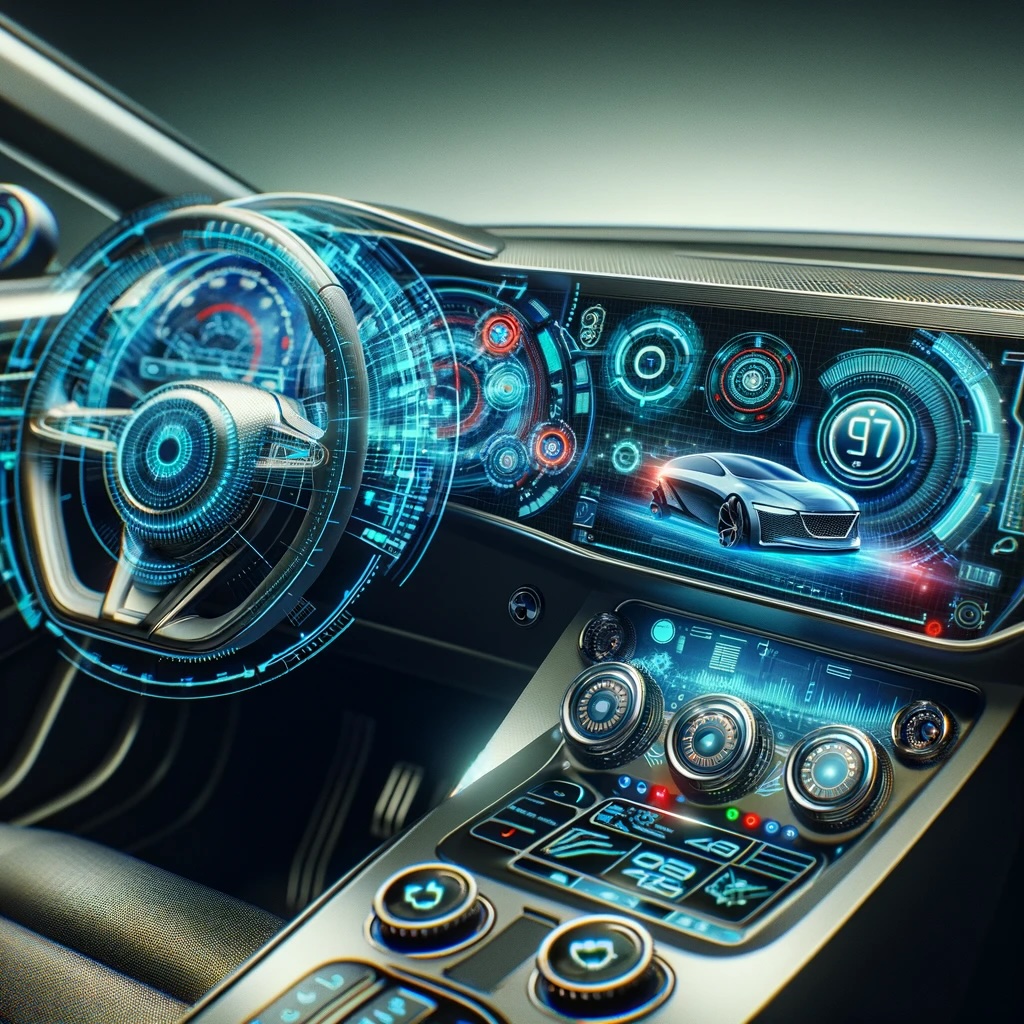 DALL·E-2024-03-31-14.23.56-A-futuristic-car-interior-with-a-dashboard-full-of-various-high-tech-buttons-dials-and-touchscreens-representing-advanced-digital-adaptability.-The Intérieur d'une voiture futuriste avec tableau de bord technologique, symbolisant l'adaptabilité numérique.